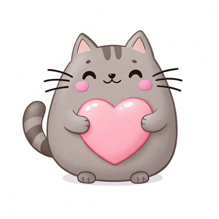 Открытка люблю тебя. a gray cat holding a pink heart in its paws