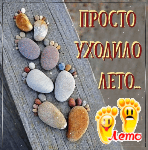 Эстетичное фото с надписью «Просто уходило лето...», где следы из гладких камней на дереве передают ностальгию по уходящему лету и смене сезонов. Анимированная открытка Просто уходило лето... Атмосферная и эстетичная картинка с надписью «Просто уходило лето...», выполненная в стиле арт-объекта из гладких речных камней. Камни выложены в форме следов ног на деревянной поверхности, что создает меланхоличное и ностальгическое настроение. В углу добавлены милые желтые смайлики-ножки с эмоциями