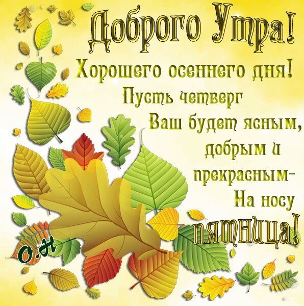 Осенняя открытка с пожеланием доброго утра и хорошего четверга. Красивые листья и текст: «Пусть четверг будет ясным, добрым и прекрасным — на носу пятница!» Открытка Доброго утра Четверга! Хорошего осеннего дня! Пятница на носу! Красочная открытка с пожеланием доброго утра и хорошего осеннего дня. На светлом желтом фоне изображены разнообразные осенние листья: дубовые, кленовые и лиственные в золотистых, зеленых и рыжих оттенках. Текст на русском языке гласит: «Доброго утра! Хорошего осеннего дня! Пусть четверг Ваш будет ясным, добрым и прекрасным — На носу пятница!» Осенняя открытка с пожеланием доброго утра и хорошего четверга. Красивые листья и текст: «Пусть четверг будет ясным, добрым и прекрасным — на носу пятница!» Открытка Доброго утра Четверга! Хорошего осеннего дня! Пятница на носу! Красочная открытка с пожеланием доброго утра и хорошего осеннего дня. На светлом желтом фоне изображены разнообразные осенние листья: дубовые, кленовые и лиственные в золотистых, зеленых и рыжих оттенках. Текст на русском языке гласит: «Доброго утра! Хорошего осеннего дня! Пусть четверг Ваш будет ясным, добрым и прекрасным — На носу пятница!»