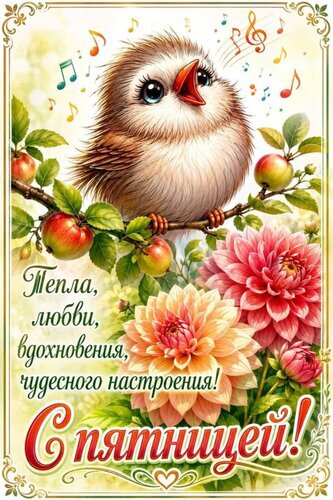 Милая открытка с птичкой, цветами и яблоками. Поздравление на русском: «Тепла, любви, вдохновения, чудесного настроения! С пятницей!» для хорошего настроения. Открытка С пятницей Красочная поздравительная открытка с милым пушистым птенцом, сидящим на ветке яблони среди ярких цветов. Изображение наполнено теплом и радостью: спелые красные яблоки, пышные розовые и оранжевые георгины и летящие музыкальные ноты создают праздничную атмосферу. Внизу расположена красивая надпись на русском языке: «Тепла, любви, вдохновения, чудесного настроения! С пятницей!»