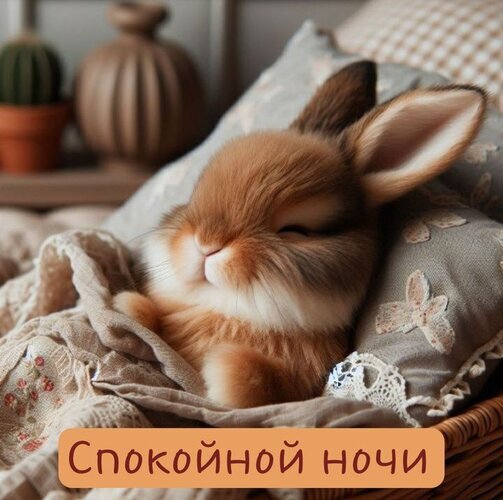Милый спящий кролик с надписью «Спокойной ночи». Уютная и нежная картинка для добрых пожеланий перед сном в соцсетях и мессенджерах. Открытка Спокойной ночи Милое и уютное изображение спящего кролика, отдыхающего на мягкой подушке под теплым одеялом. Картинка наполнена атмосферой спокойствия, нежности и умиротворения. На изображении присутствует надпись на русском языке «Спокойной ночи», что делает этот визуальный контент идеальным для пожеланий доброй ночи в социальных сетях, мессенджерах или использования в качестве милой заставки