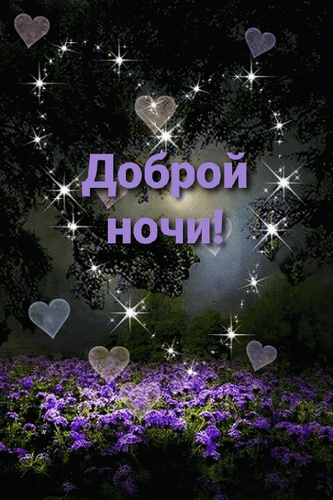 Романтичная открытка «Доброй ночи!» с фиолетовыми цветами, мерцающими звездами и нежными сердцами. Красивое пожелание спокойной ночи и сладких снов. Анимированная открытка Доброй ночи Красивая поздравительная открытка на тему «Доброй ночи!». Изображение представляет собой сказочный ночной пейзаж с цветущим полем фиолетовых цветов под темным небом. Фон украшен мерцающими звездами, светящимися искрами и парящими нежными сердцами. Атмосфера наполнена романтикой, уютом и спокойствием