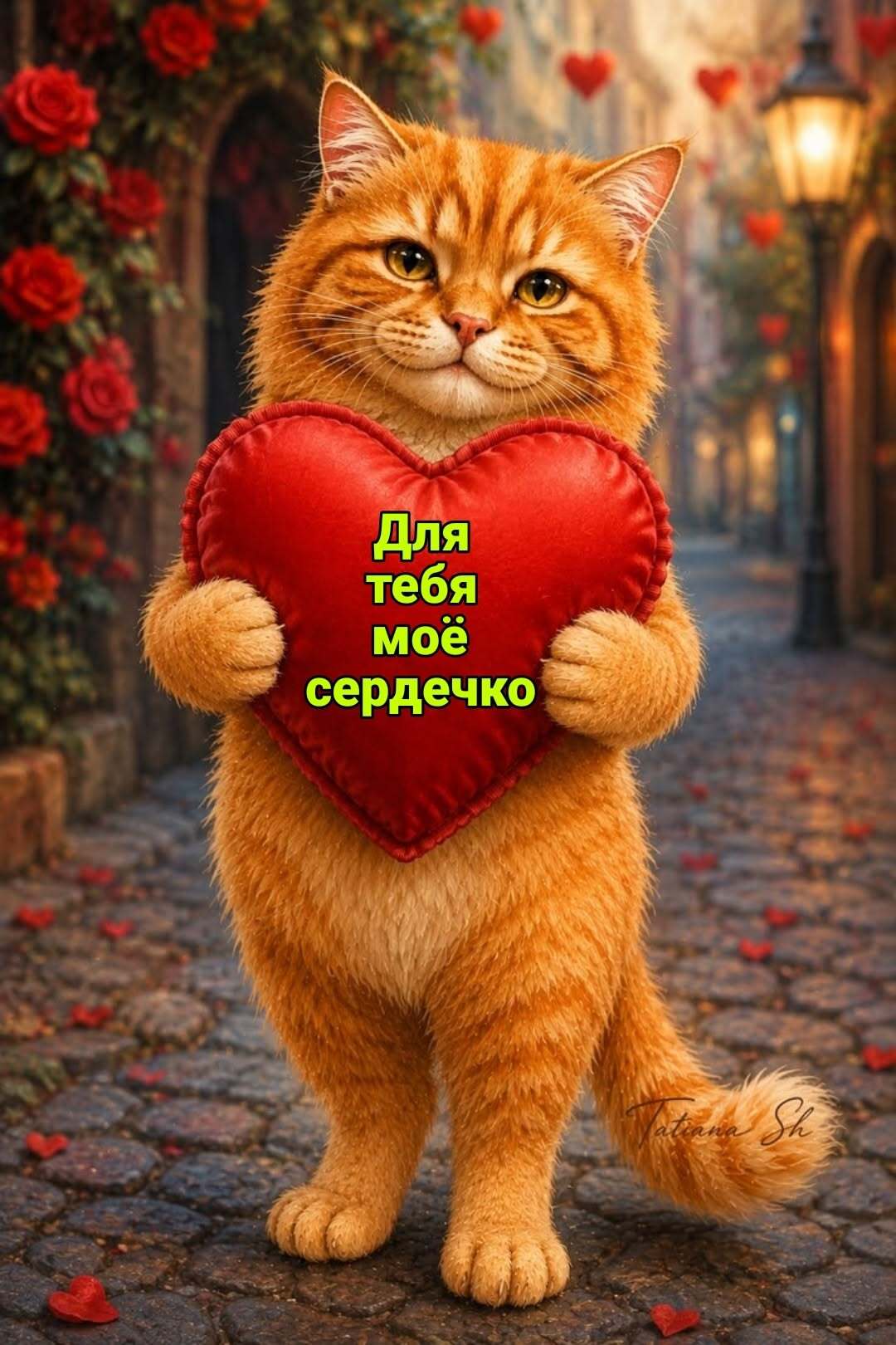 Открытка хорошего дня и настроения. Рыжий кот с сердечком.