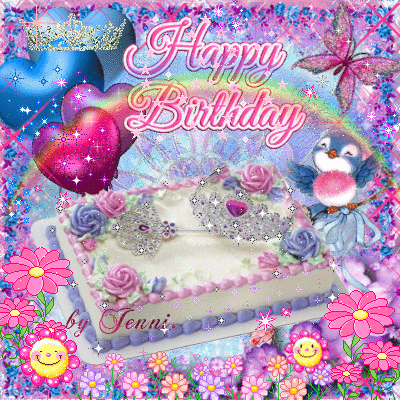 Открытка с днем рождения женщине. a birthday card with an image of a cake, balloons and flowers in the background Открытка с днем рождения женщине. a birthday card with an image of a cake, balloons and flowers in the background