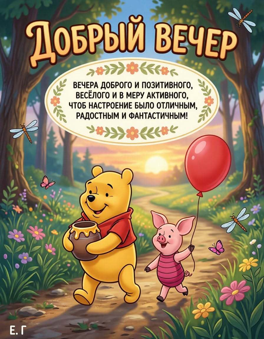 Открытка добрый вечер. Винни Пух и Пятачок.