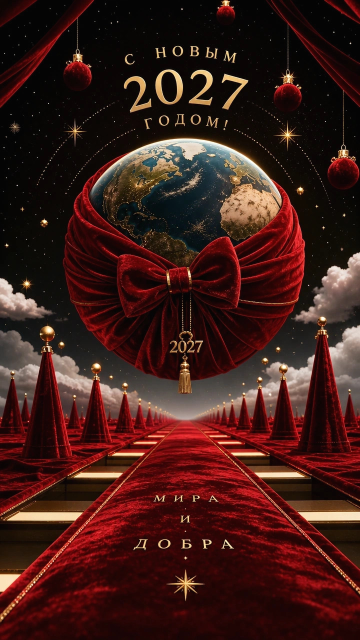 Открытка с Новым годом. 2027, a red carpeted room with the earth in the background