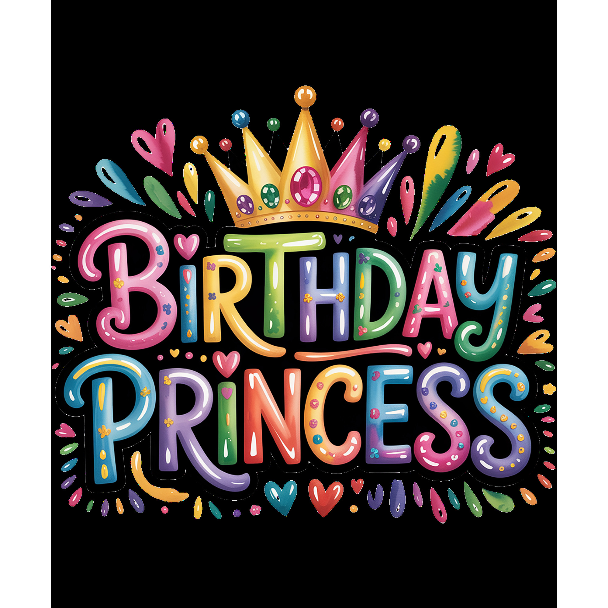 Открытка с днем рождения ребенку. the words birthday princess are surrounded by colorful confetti and hearts on a white background
