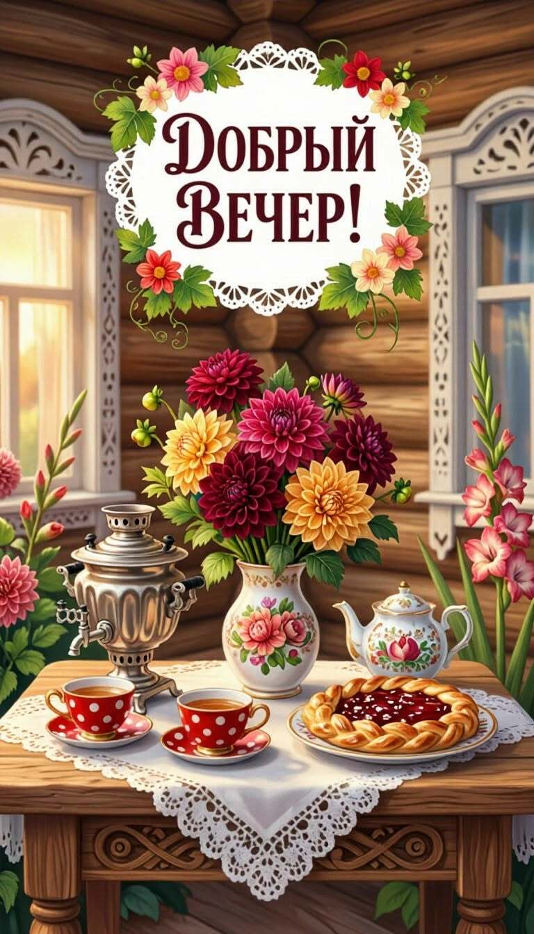 Открытка добрый вечер. Деревенский стол.