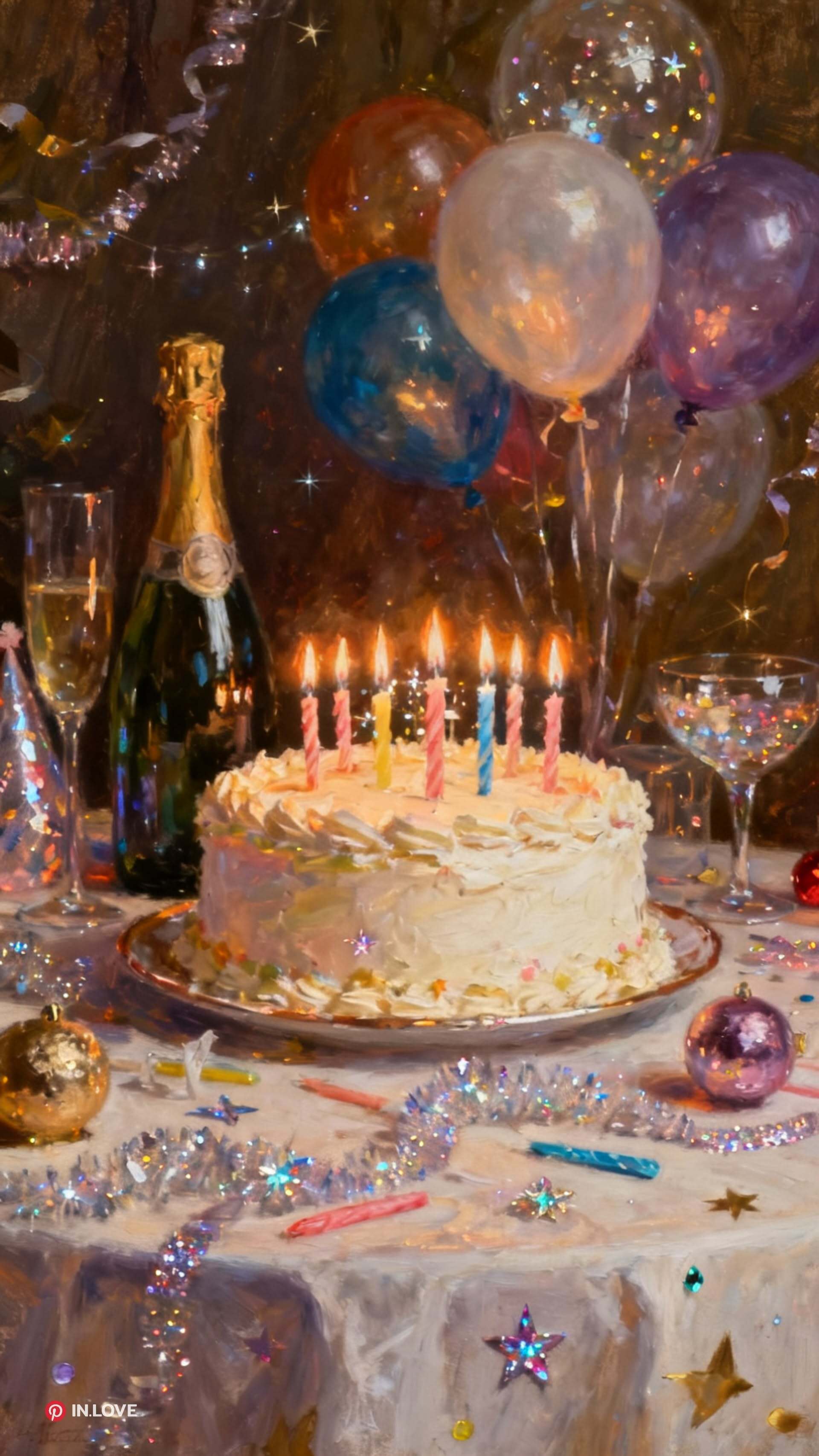Открытка с днем рождения. a birthday cake with candles and balloons on a table in front of a bottle of champagne