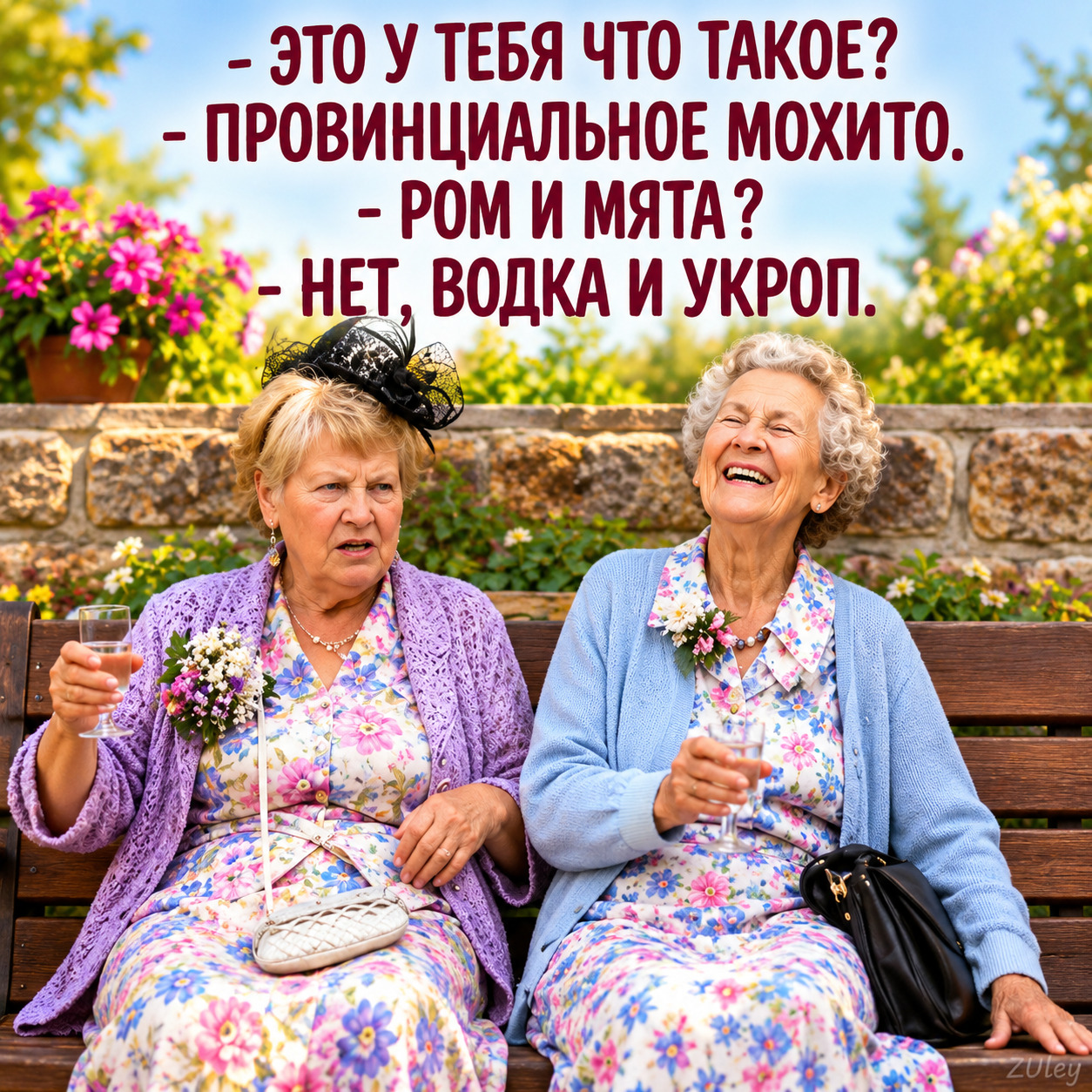 Открытка хорошего дня и настроения. Две подруги на скамейке про провинциальное мохито.