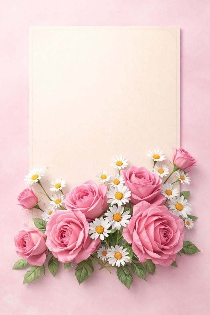 Открытка с днем свадьбы. Фон pink roses and daisies are arranged in front of an empty sheet of paper on a pink background