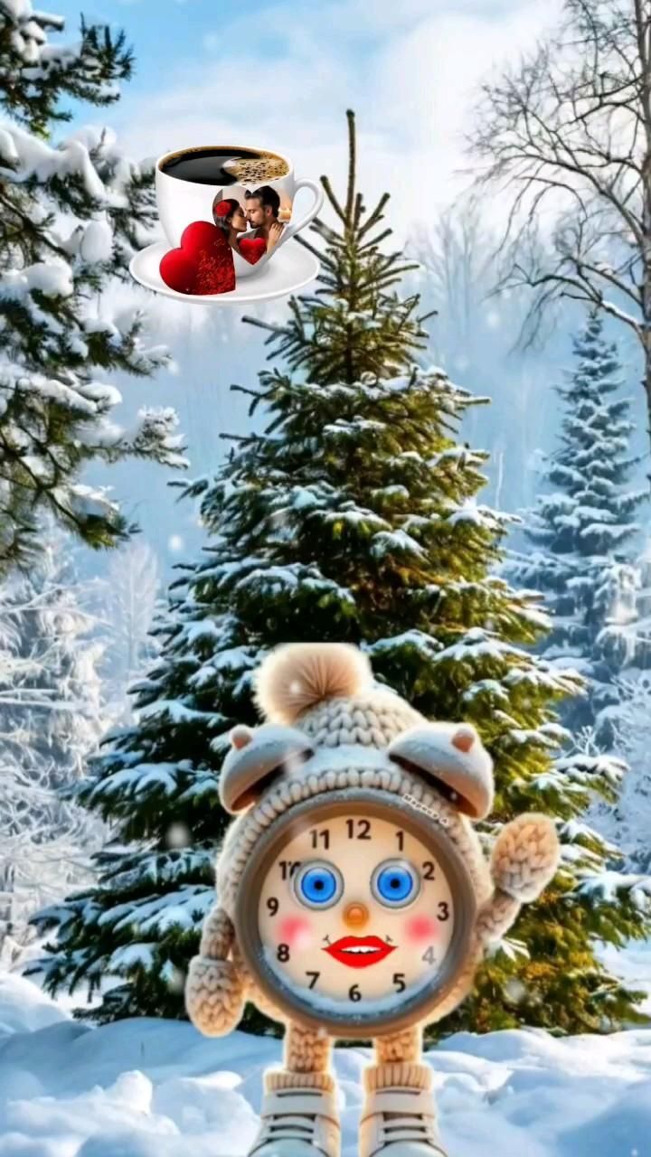 Открытка на Зиму. a clock in the middle of a snowy landscape with trees and snowmen around it
