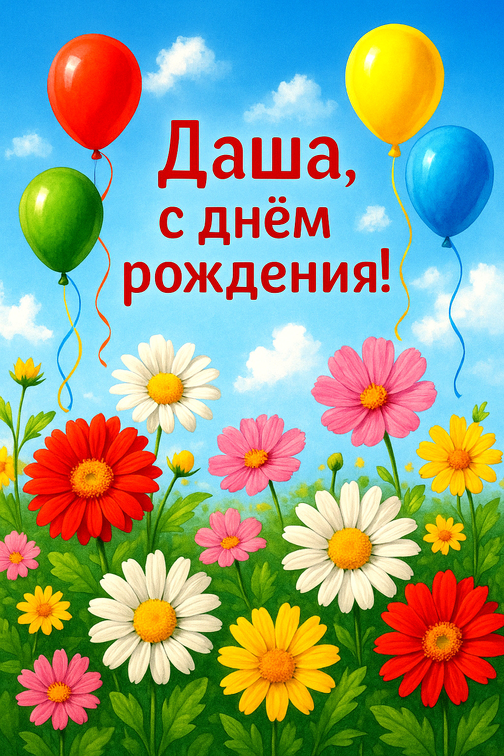 Открытка с днем рождения Дарья Даша. Даша с днем рождения an image of flowers and balloons with the words happy birthday written in russian on it