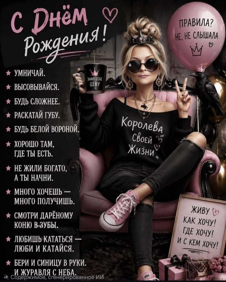 Открытка с днем рождения женщине. Королева своей жизни. Без правил. Открытка с днем рождения женщине. Королева своей жизни. Без правил.