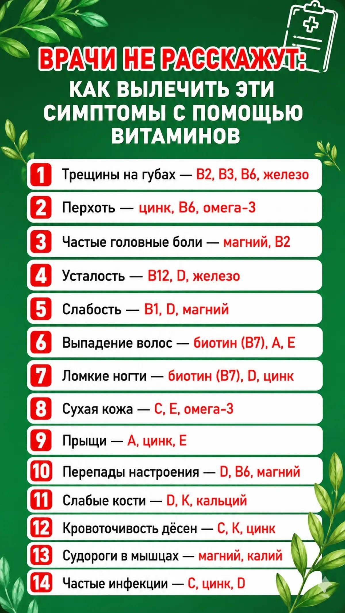 Витамины и микроэлементы для излечения. Трещины на губах. Перхоть. Частые головные боли. Усталость. Слабость. Выпадение волос. Ломкие ногти. Сухая кожа. Прыщи. Перепады настроения. Слабые кости. Кровоточивость десен. Судороги в мышцах. Частые инфекции.