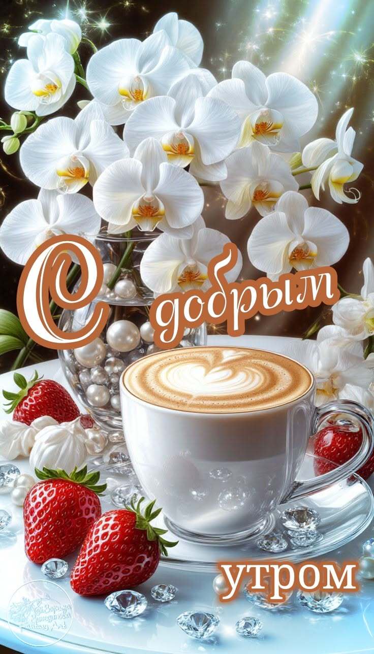 Открытка с добрым утром. Орхидеи и кофе. Открытка с добрым утром. Орхидеи и кофе.