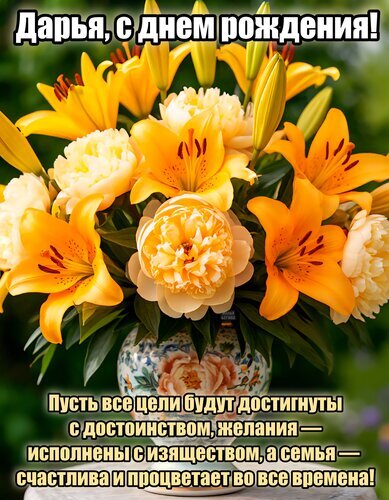 Поздравительная открытка для Дарьи с днем рождения. Пышный букет желтых лилий и пожелания счастья, исполнения желаний и процветания семьи. Открытка Дарья, с днем рождения! Красивая поздравительная открытка к дню рождения для Дарьи. На изображении представлен пышный букет ярко-желтых лилий и нежных кремовых пионов в декоративной вазе. На картинке размещен трогательный текст на русском языке: «Дарья, с днем рождения! Пусть все цели будут достигнуты с достоинством, желания — исполнены с изяществом, а семья — счастлива и процветает во все времена!»