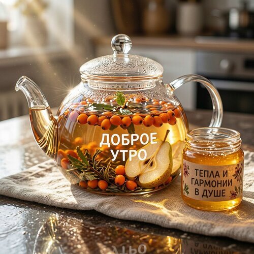 Уютное утро: стеклянный чайник с травяным чаем и медом в лучах солнца. Теплые слова «Доброе утро» и «Тепла и гармонии в душе». Эстетика домашнего уюта. Открытка Доброе утро. Тепла и гармонии в душе Эстетичное и уютное изображение стеклянного чайника с ароматным травяным чаем, в котором плавают ягоды и веточки зелени. Рядом стоит баночка меда на фоне залитой солнцем кухни. На изображении на русском языке надписи: «Доброе утро» и «Тепла и гармонии в душе» Уютное утро: стеклянный чайник с травяным чаем и медом в лучах солнца. Теплые слова «Доброе утро» и «Тепла и гармонии в душе». Эстетика домашнего уюта. Открытка Доброе утро. Тепла и гармонии в душе Эстетичное и уютное изображение стеклянного чайника с ароматным травяным чаем, в котором плавают ягоды и веточки зелени. Рядом стоит баночка меда на фоне залитой солнцем кухни. На изображении на русском языке надписи: «Доброе утро» и «Тепла и гармонии в душе»