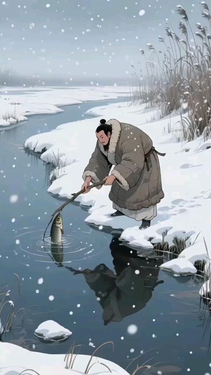 Открытка на Зиму. Японец на берегу зимней реки с рыбой.
