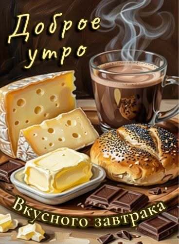 Открытка с добрым утром. Вкусного завтрака. Кофе, сыр, булочка, масло, шоколад. Открытка с добрым утром. Вкусного завтрака. Кофе, сыр, булочка, масло, шоколад.