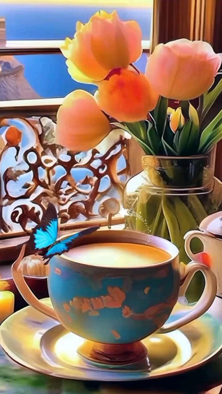 Открытка с добрым утром. с Добрым утром ❤️ there is a tea cup and saucer on the table with flowers in vases Открытка с добрым утром. с Добрым утром ❤️ there is a tea cup and saucer on the table with flowers in vases