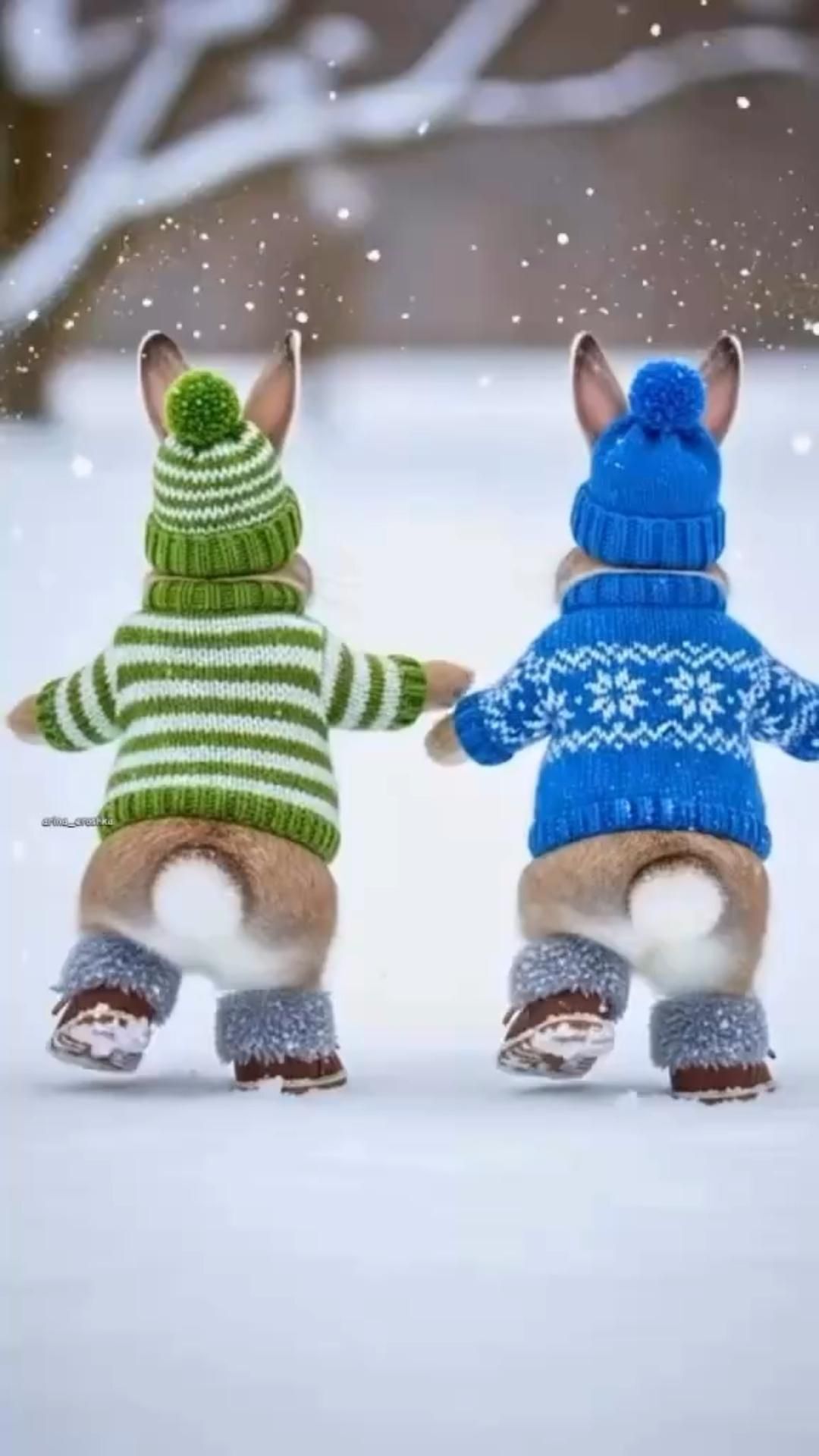Открытка на Зиму. two small stuffed animals wearing sweaters and hats in the snow
