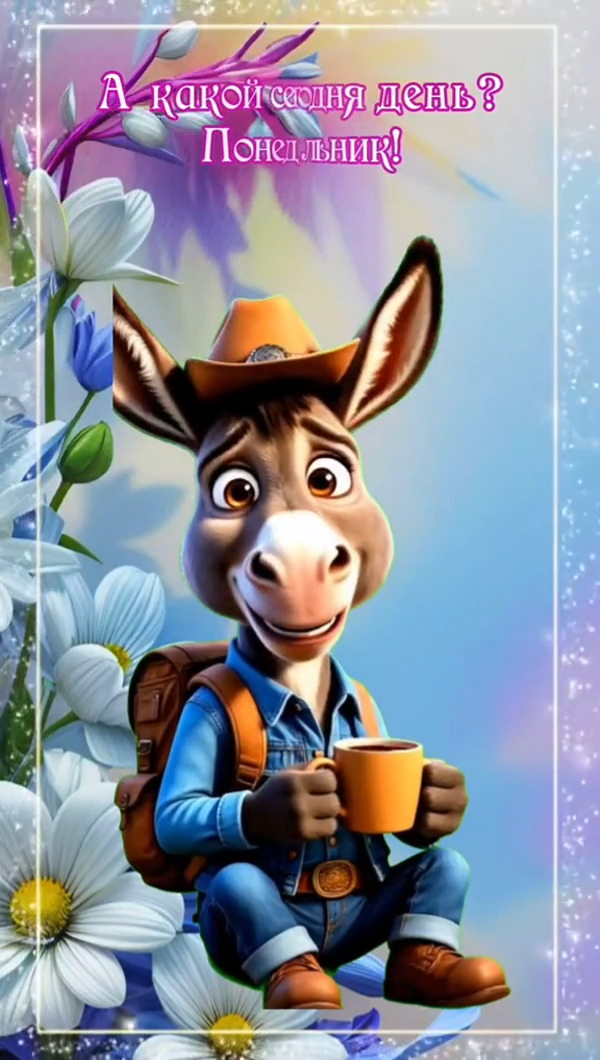 Открытка на понедельник. ☀️Доброе утро☀️Понедельник a donkey with a cowboy hat holding a coffee cup in his hand and flowers around him