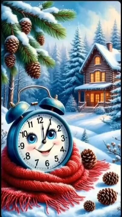 Открытка на Зиму. an alarm clock sitting on top of a blanket in the snow next to pine cones