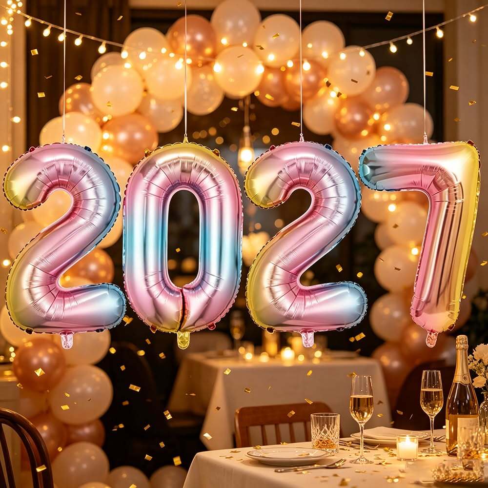 Открытка с Новым годом 2027. Christmas Decoration the balloons are in the shape of numbers for the new year's eve celebration
