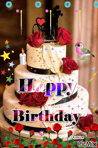 Открытка с днем рождения женщине. a birthday cake with red roses on it and the words happy birthday written in large letters Открытка с днем рождения женщине. a birthday cake with red roses on it and the words happy birthday written in large letters