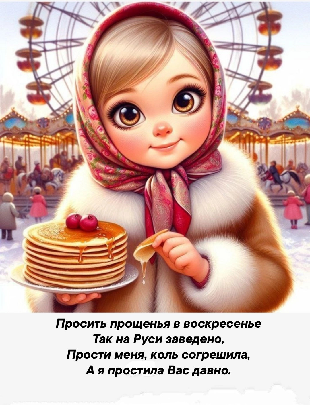 Открытка на Прощеное Воскресенье. Девочка с блинами на фоне аттракционов.