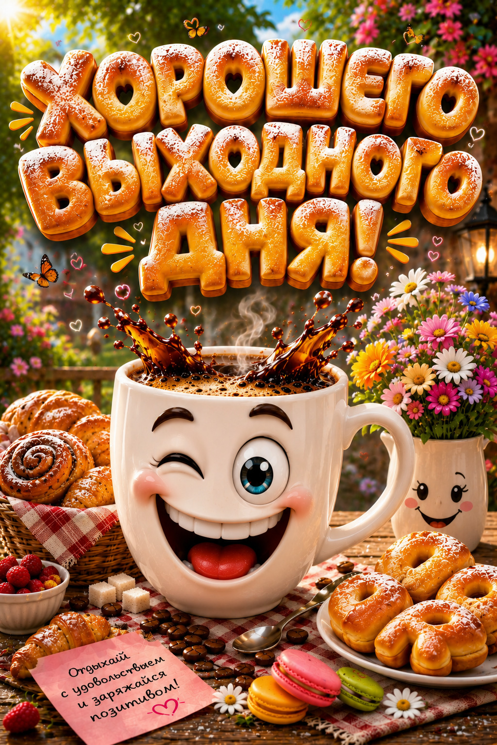 Открытка отличных выходных. Чашка-смайлик. Сладости, цветы. Открытка отличных выходных. Чашка-смайлик. Сладости, цветы.