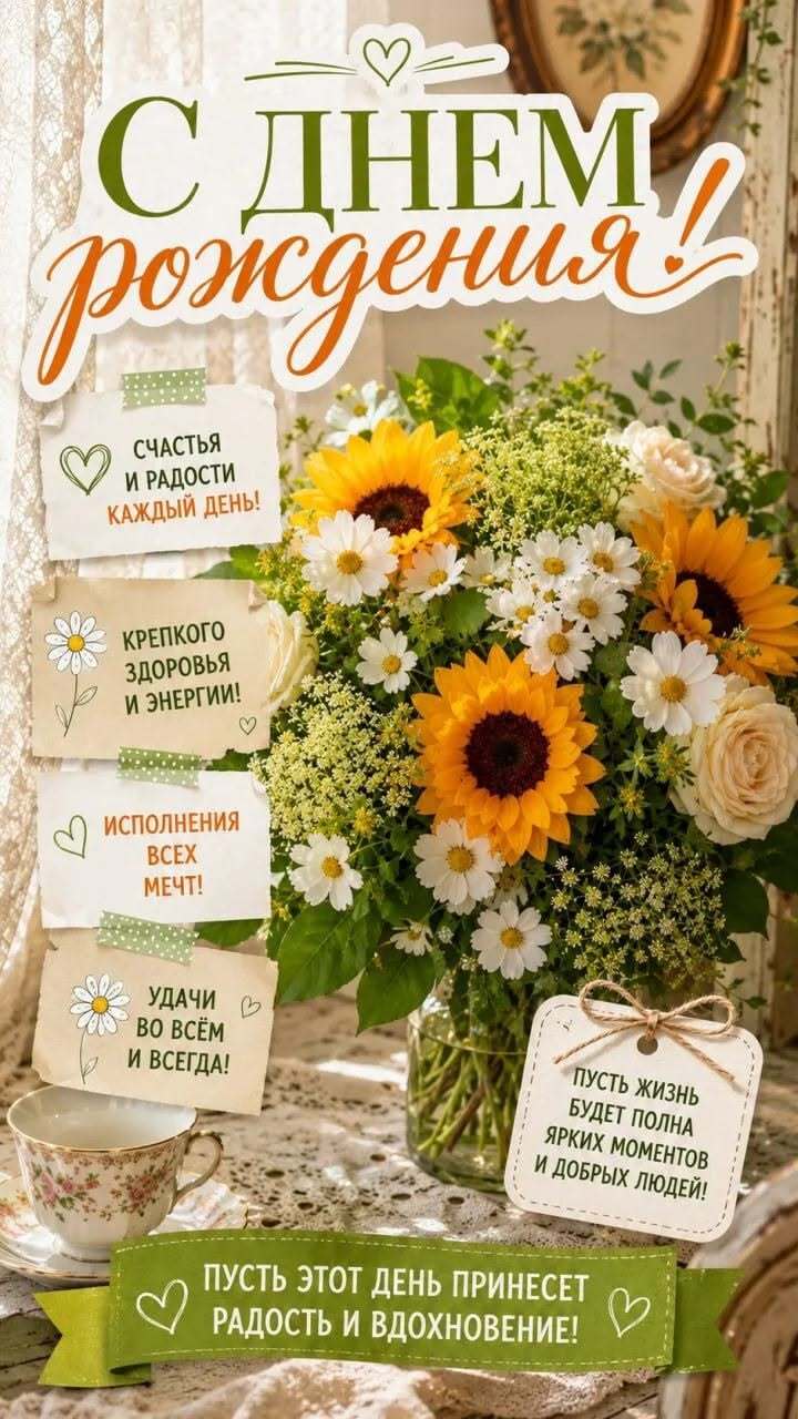 Открытка с днем рождения. a vase filled with yellow and white flowers on top of a table next to a sign