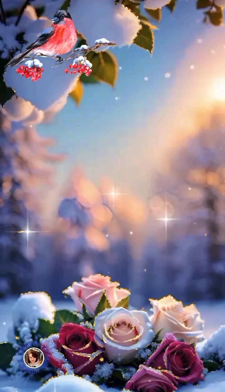 Открытка на Зиму. a bird sitting on top of flowers next to snow covered ground with trees in the background