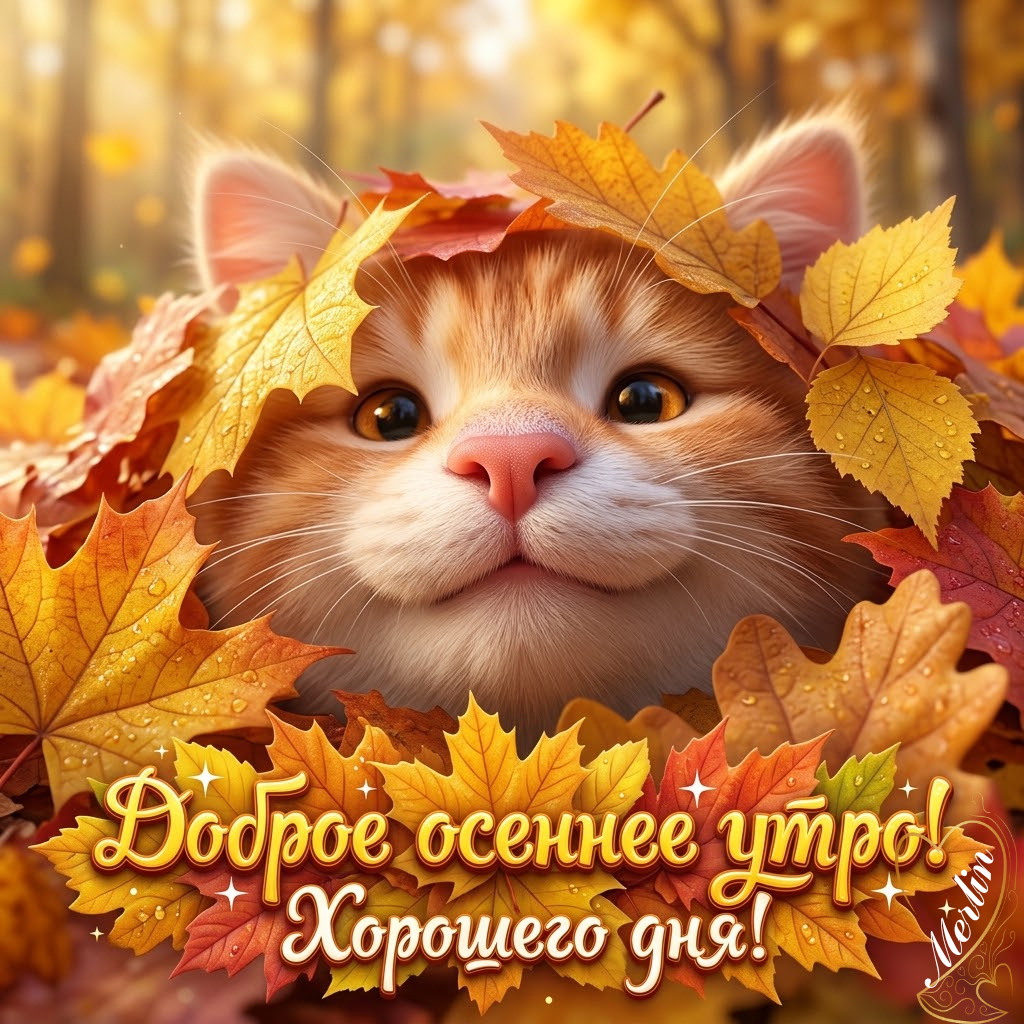 Открытка с добрым осенним утром. Котик выглядывает из-за листьев. Открытка с добрым осенним утром. Котик выглядывает из-за листьев.
