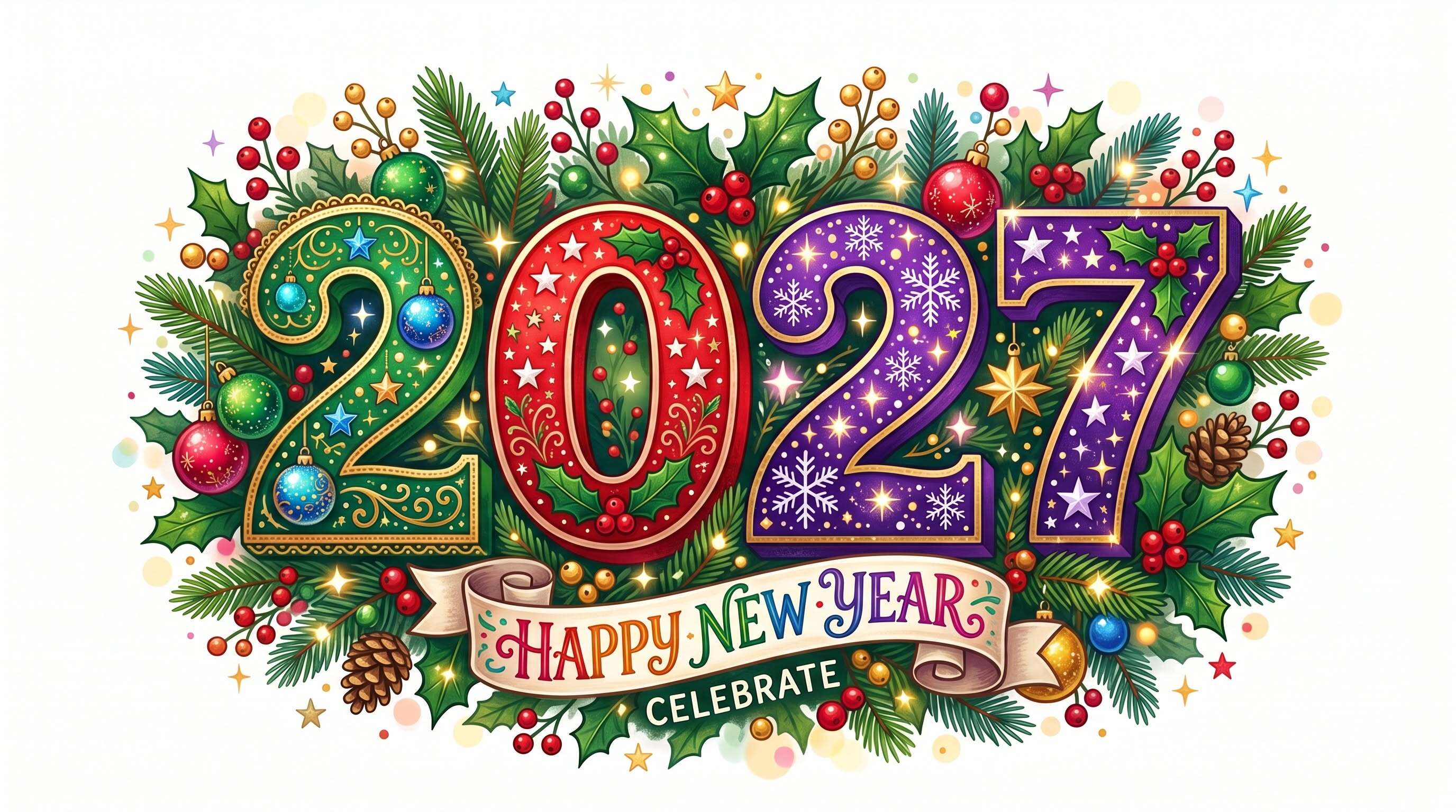 Открытка с Новым годом. #newyear2027, #2027 Happy New Year 2027 (Year of the Goat 2027) a happy new year greeting card with the number twenty and christmas decorations on white background