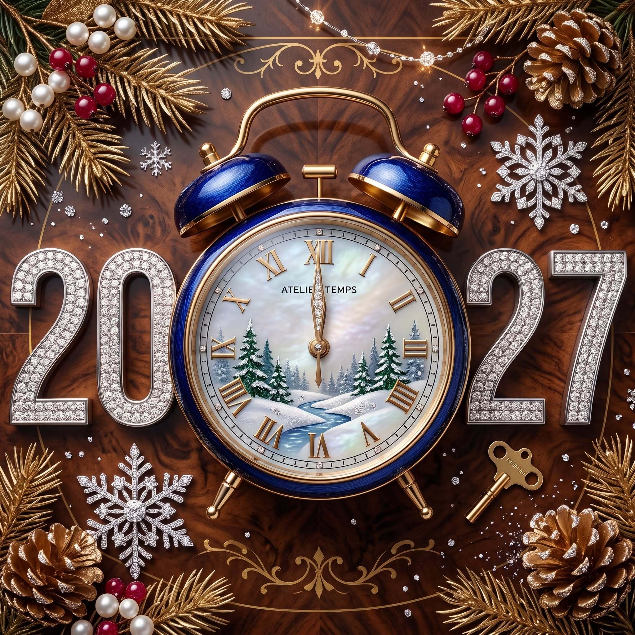 Открытка с Новым годом. #newyear2027 #goat2027 #sheep2027 Happy New Year 2027 (Year of the Goat (Sheep) 2027) an image of a clock that is in the middle of christmas decorations and pine cones