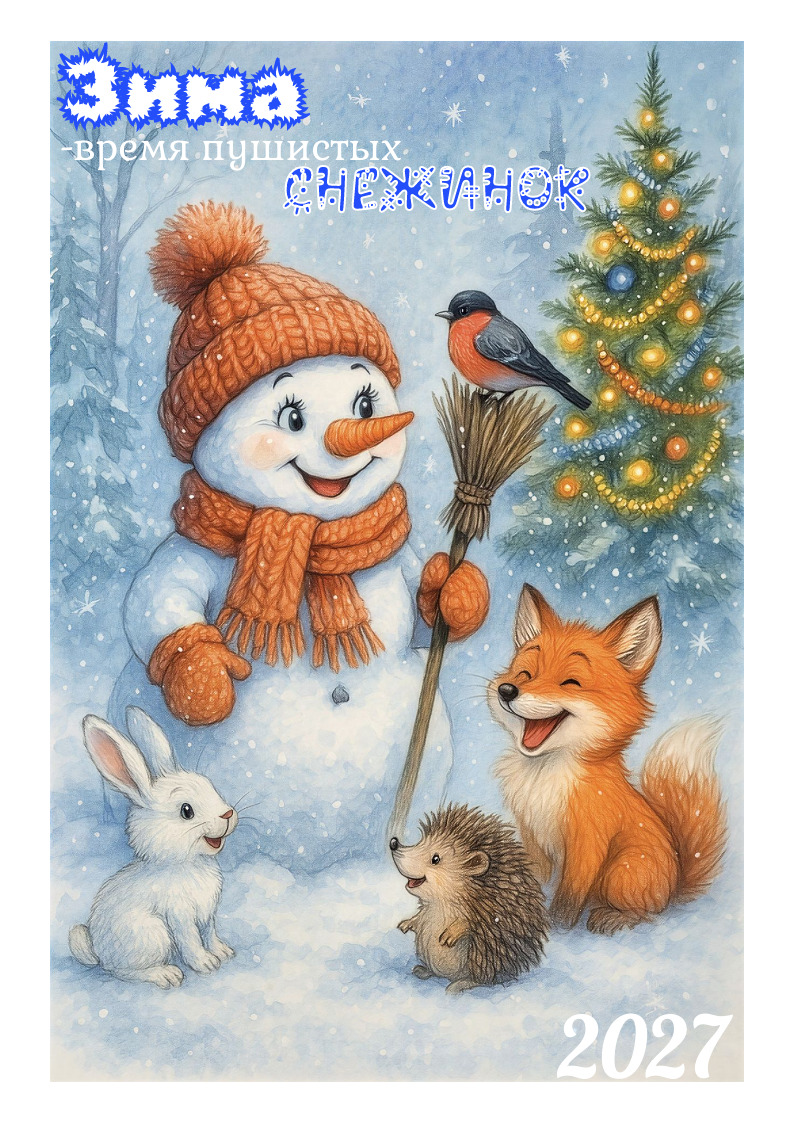 Открытка с Новым годом. с новым годом 2027 с новым 2027 годом a christmas card with an image of a snowman holding a broom and two animals
