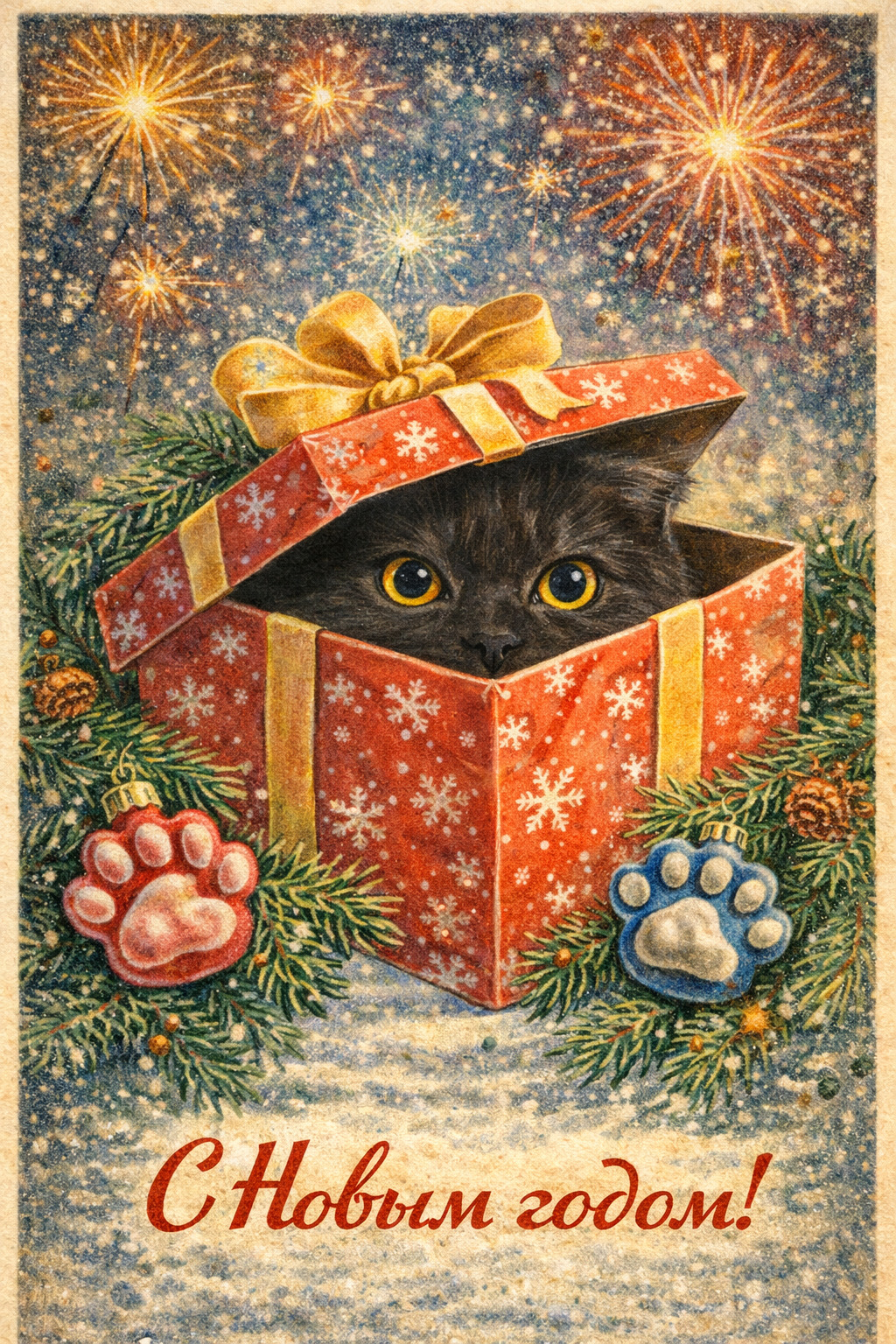 Открытка с Новым годом. #newyear #cat #box С новым годом С Новым годом открытка в стиле СССР a christmas card with a cat in a gift box