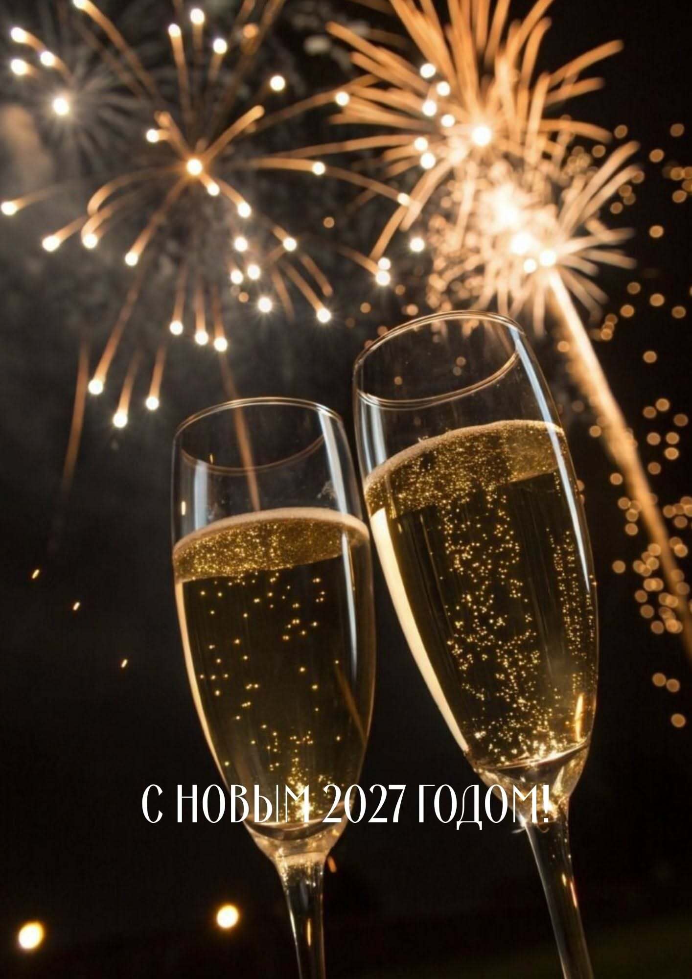 Открытка с Новым годом 2027. открытка с новым годом 2027 открытка с новым годом 2027 two glasses of champagne with fireworks in the background