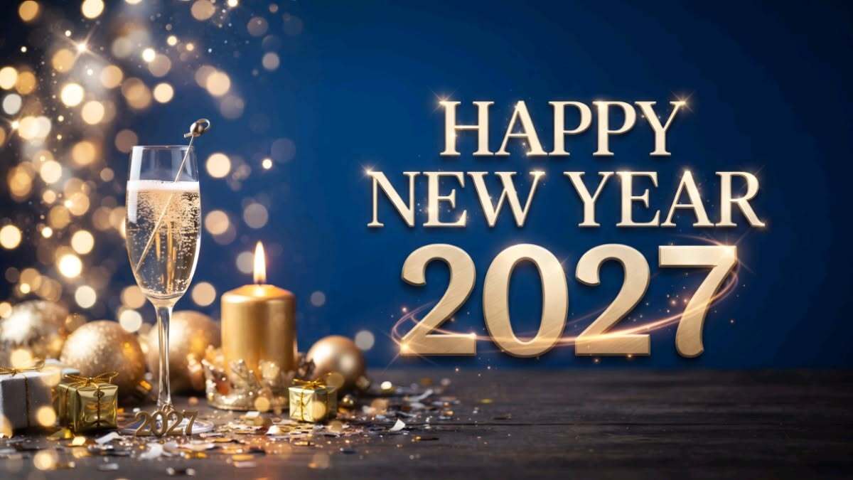 Открытка с Новым годом 2027. Get ready to ring in the new year with style! 🥂 From gold decor and champagne toasts to festive lighting, find the ultimate inspiration to host a memorable New Year's Eve party for 2027. Save this pin for elegant NYE party ideas, festive table scapes, and celebration aesthetics, #NewYearsEve #HappyNewYear2027 #ChampagneToast #NewYearAesthetic #wishing card Elegant New Year's Eve Aesthetic | Happy New Year 2027 ✨ a happy new year card with two champagne glasses and presents on the table, surrounded by confetti