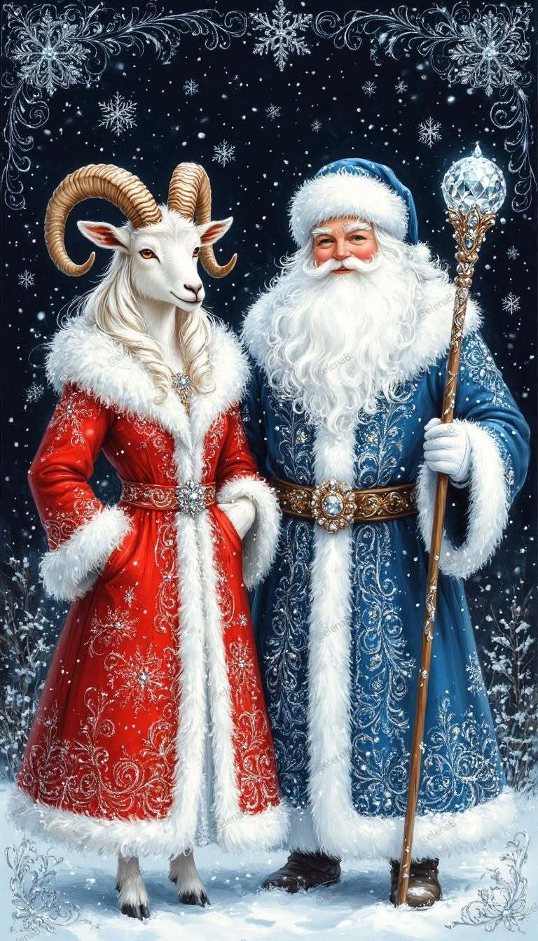 Открытка с Новым годом козы. Year of the Goat. a painting of santa and his goat in the snow. Дед Мороз и коза.