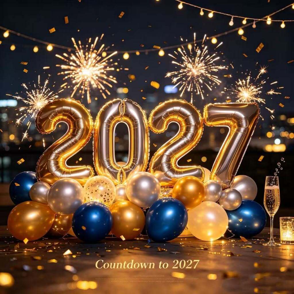 Открытка с Новым годом 2027. color of year 2027 balloons and confetti surround the number twenty two in front of new year's eve fireworks