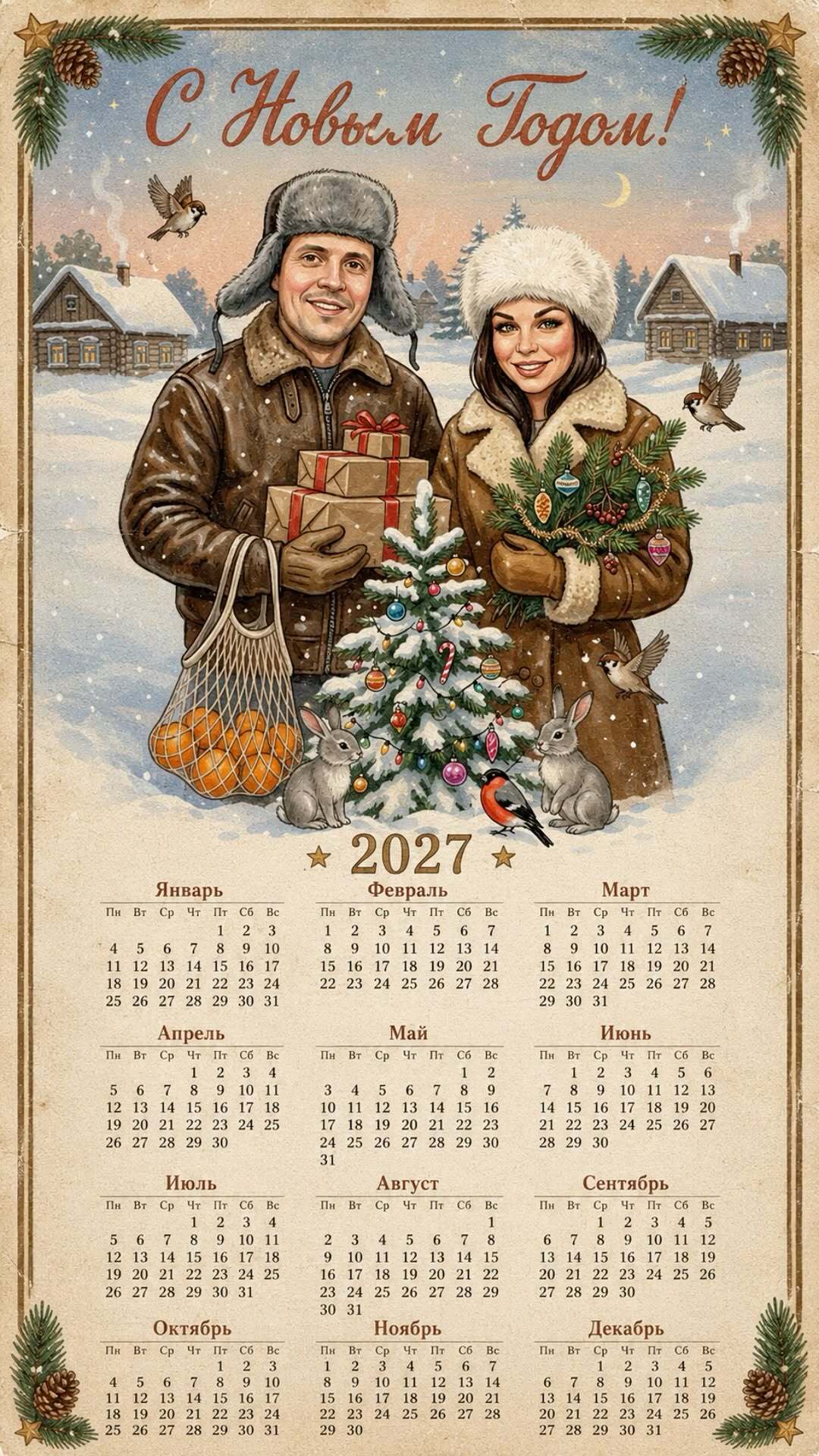 Открытка с Новым годом 2027. Календарь 2027. Новогодняя открытка-календарь 2027 a calendar with an image of two people in winter clothes holding presents and the date on it