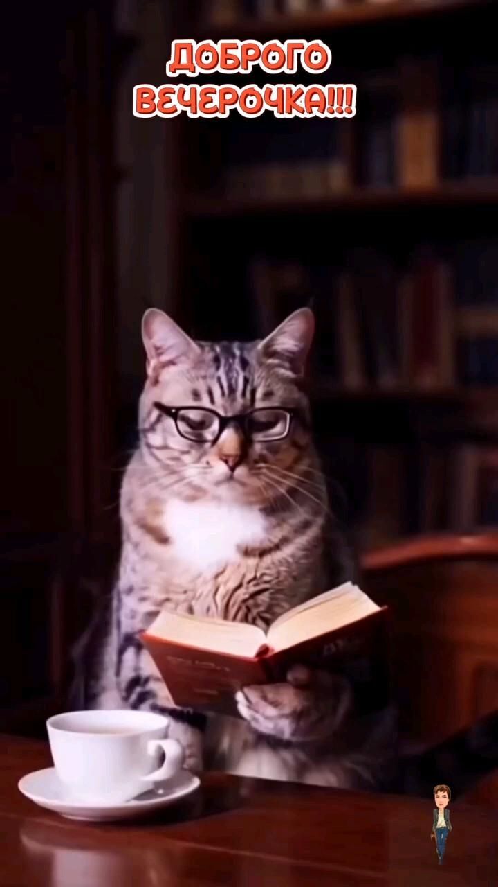 Открытка добрый вечер. Доброго вечерочка a cat sitting at a table with a book and coffee cup in front of it