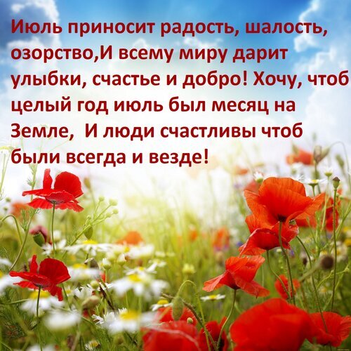 Летняя открытка с красными маками и пожеланием счастья. Вдохновляющая цитата про июль, радость и добро на фоне полевых цветов и солнечного неба. Открытка Июль приносит радость, шалость, озорство, и всему миру дарит улыбки, счастье и добро! Красочное летнее изображение с яркими красными маками и белыми ромашками на фоне солнечного неба. На картинке размещен вдохновляющий текст на русском языке о радости, счастье и добре, которые приносит июль. Идеально подходит для поздравительных открыток, статусов в социальных сетях и передачи летнего настроения