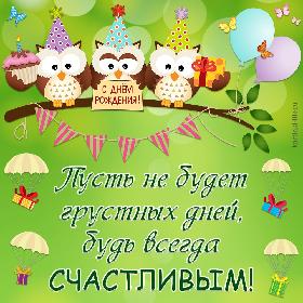 С днем рождения! Пусть не будет грустных дней, будь всегда счастливым! Прикольная открытка с днем рождения для мужчины; три совы в разноцветных колпаках сидят на дереве.