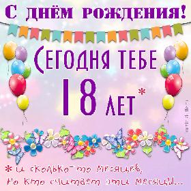 С днем рождения! Сегодня тебе 18 лет* * и сколько-то месяцев, но кто считает эти месяцы… Шуточная открытка с днем рождения для подруги, девушки, женщины, которым исполнилось больше 18 лет, с гирляндой, шариками и цветами.