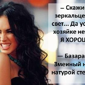 — Скажи-ка, зеркальце, мой свет... Да успокой хозяйке нервы... Я ХОРОША? — Базара нет! Змеиный нрав с натурой стервы!!!
