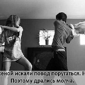 Долго с женой искали повод поругаться. Не нашли. Поэтому дрались молча.